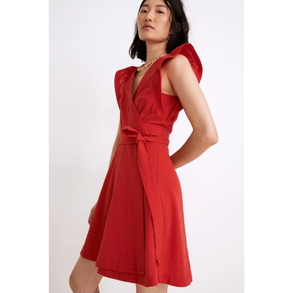 Madewell Red Ruffle-Sleeve Wrap Mini Dress Size M